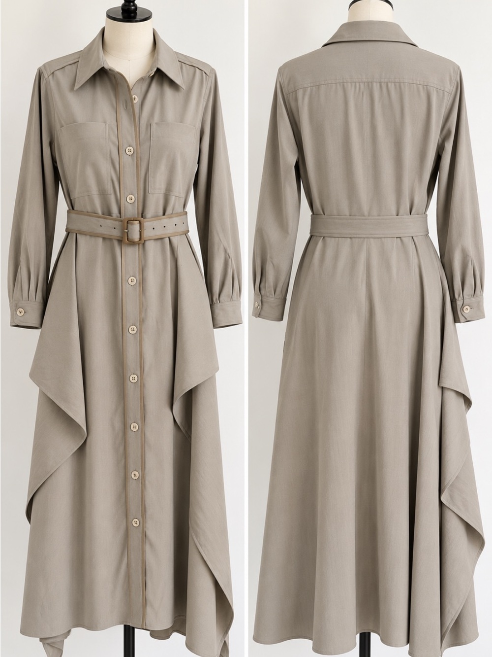 Tuckernuck Taupe Button-Front Shirt Dress with Belt and Leather Trim